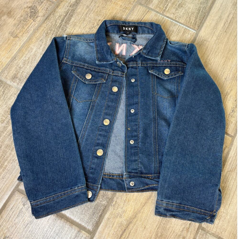DKNY Girls Denim Long Sleeve Jean Jacket Snap Closure Spell Out Pink Size 6